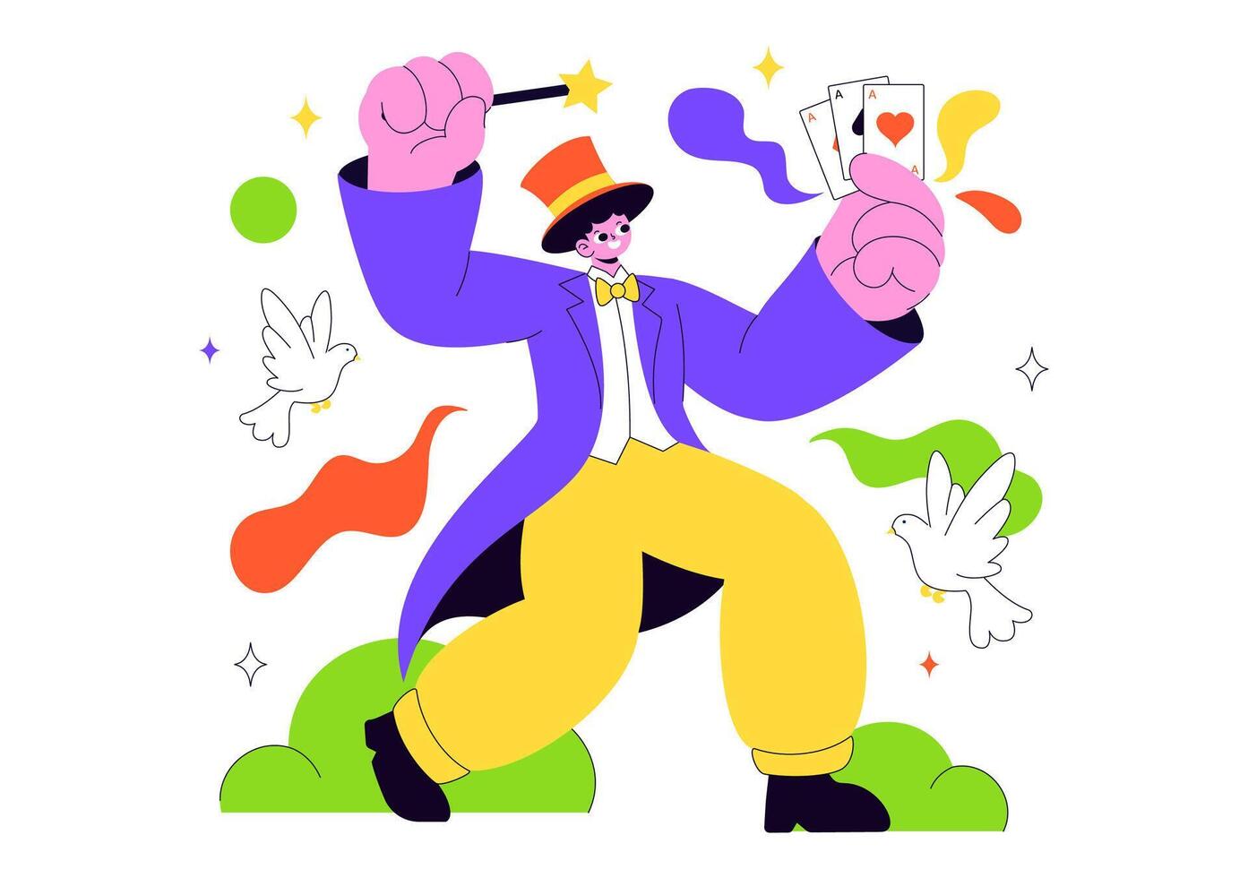 Wonder Act Illustration Depicting Prestidigitator Creating Astonishment With Wand On Show Deck In Flat Cartoon Image vector