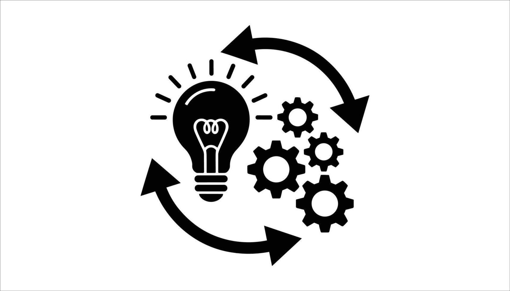 Black light bulb with glowing filament surrounded by gears and circular arrows on white background idea vector