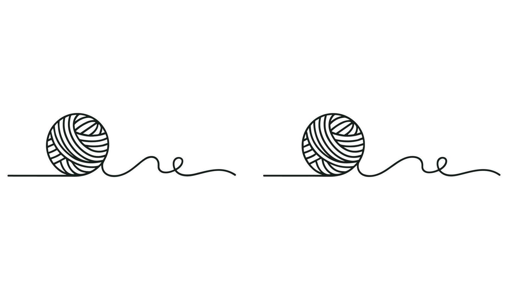 Two black line art yarn balls with trailing thread on white background ball of yarn string vector