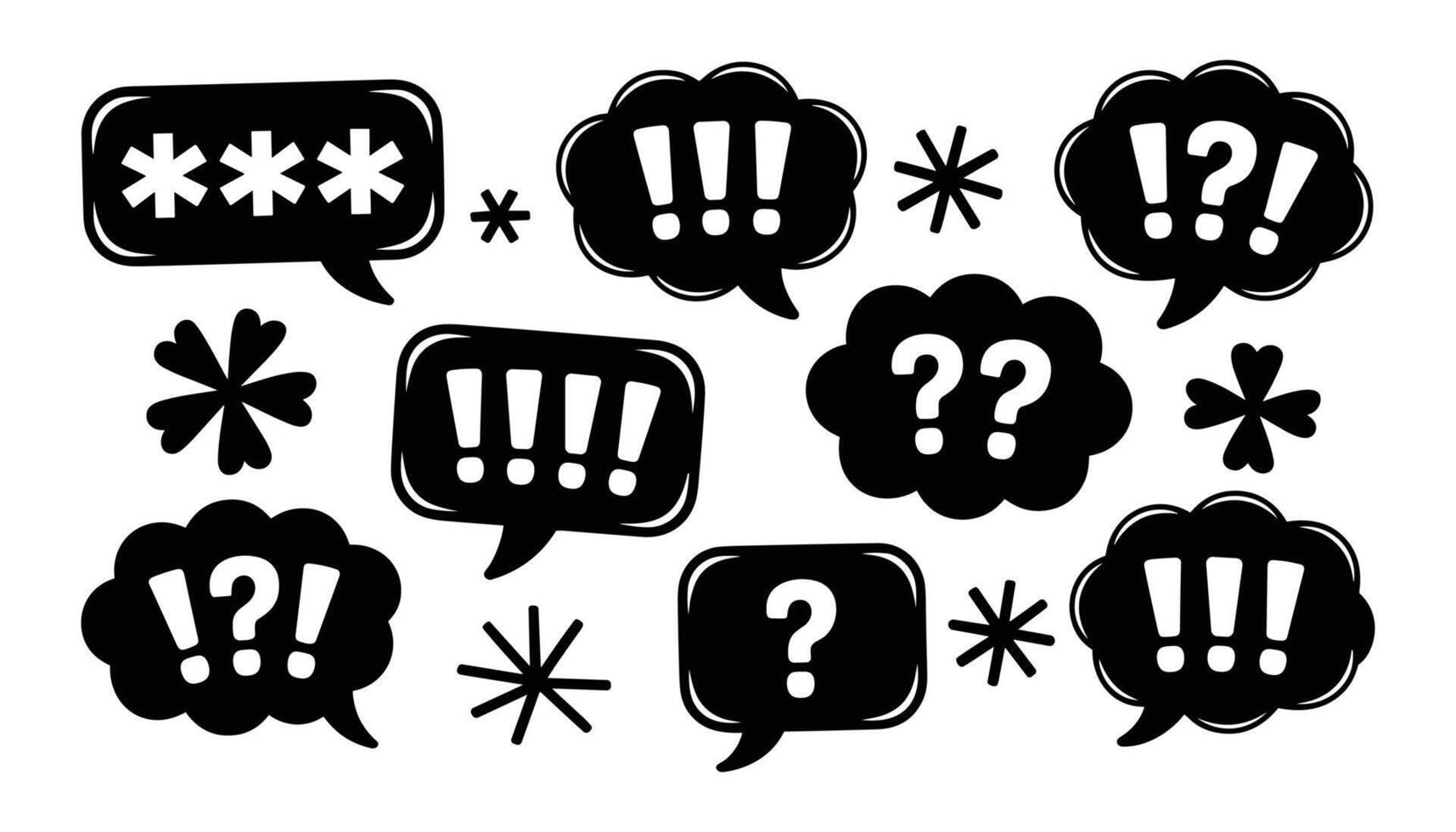 Black speech bubbles with asterisks exclamation marks question marks and clover shapes on white background vector