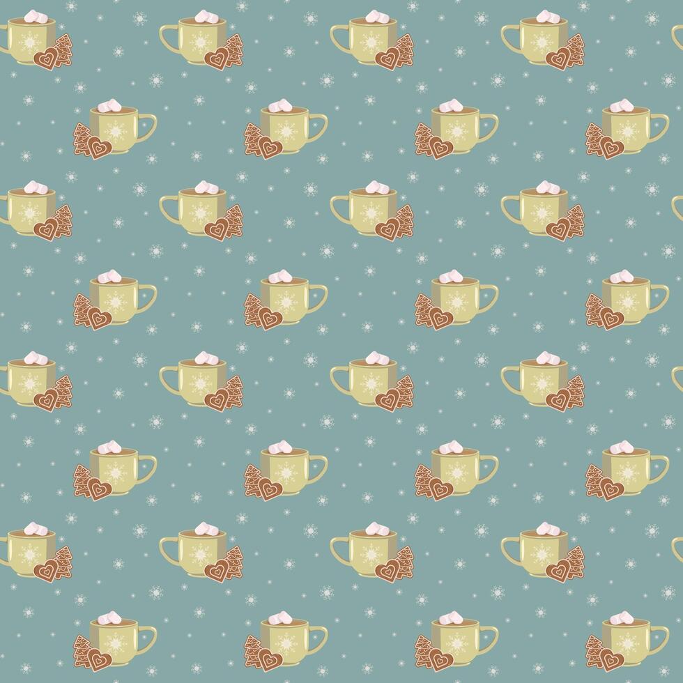 Seamless festive pattern with yellow mugs of hot chocolate and marshmallows, gingerbread hearts and trees on a teal background with snowflakes and dots. Cozy winter design for wrapping or decor vector