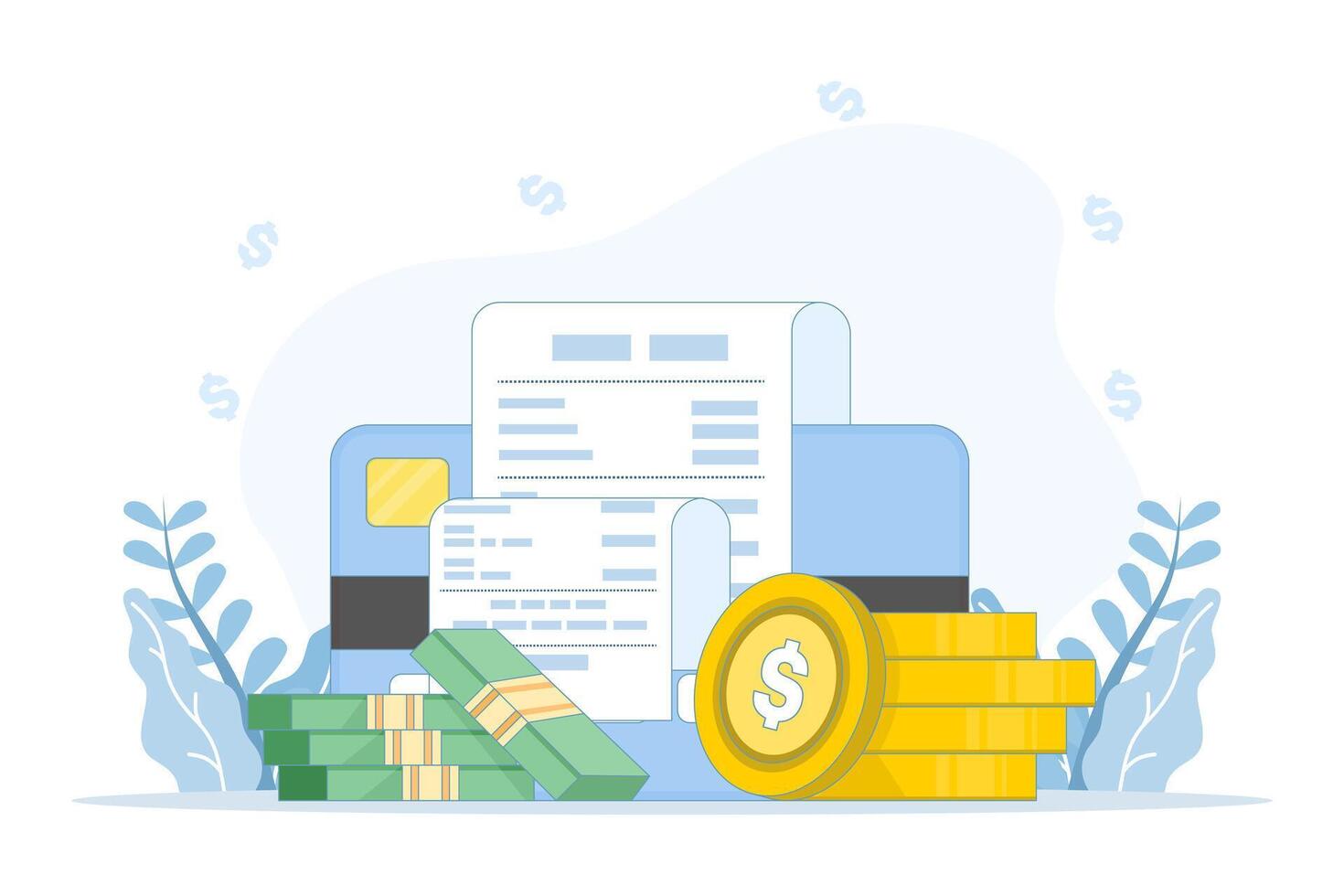 Flat icon of a shopping cart with a payment bill, representing online purchases, checkout processes, and digital transaction concepts. flat illustration on background vector