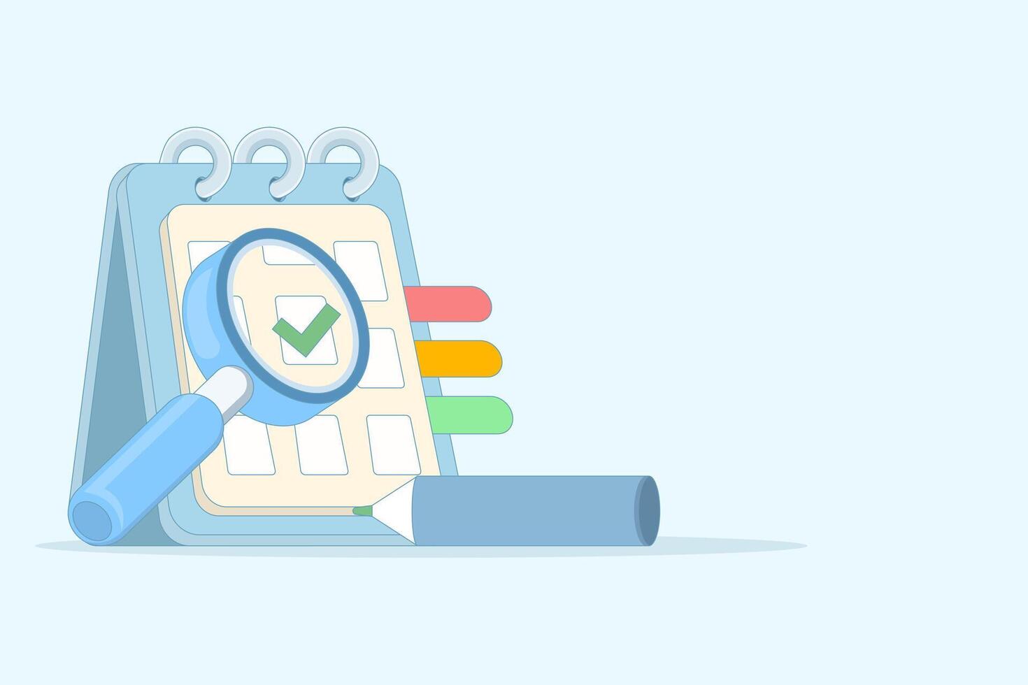 Magnifying glass highlighting a red-marked date on a cute calendar, symbolizing reminders, important events, holidays, and priority scheduling. Flat design for banners and posters. vector