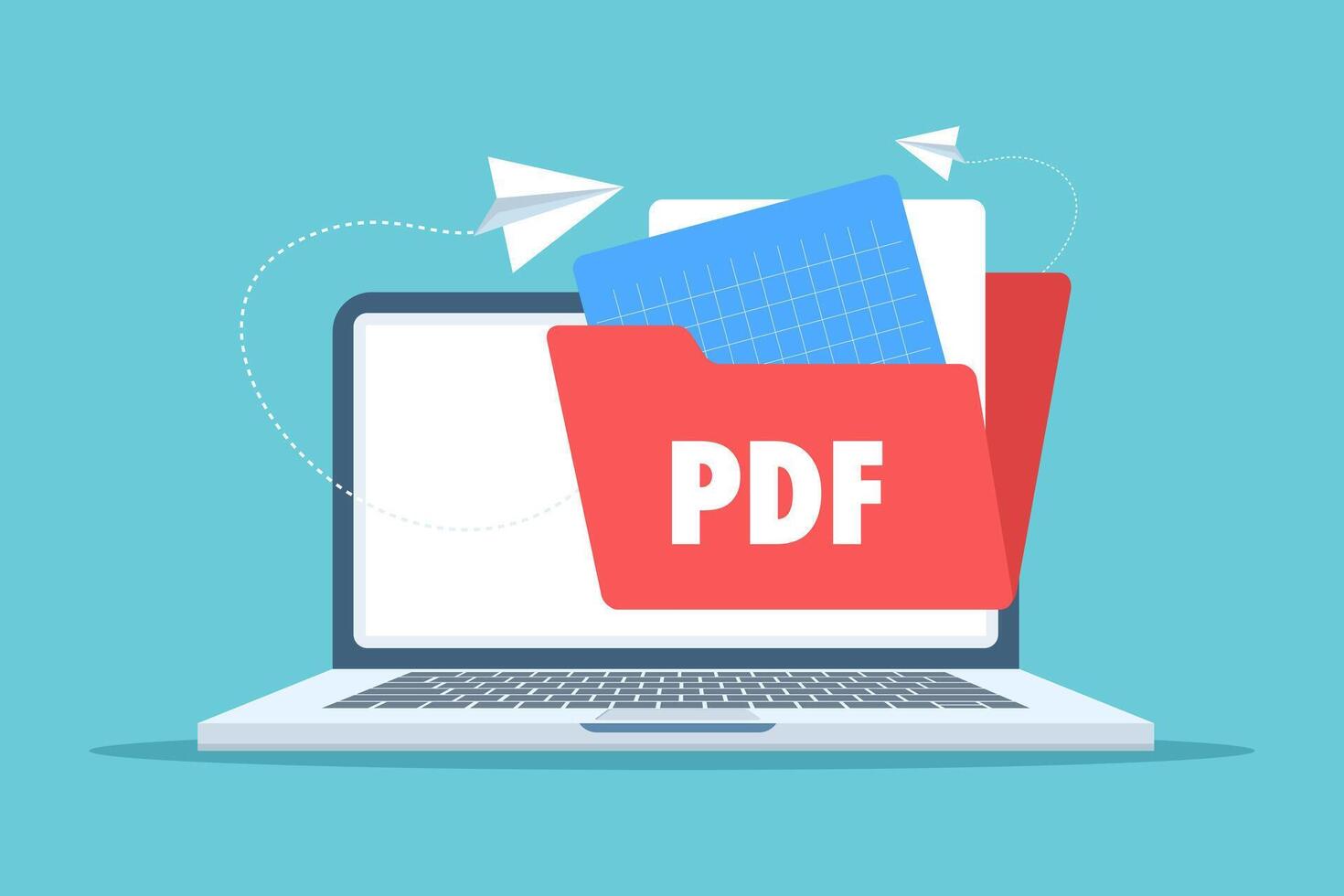 PDF document sharing concept showing files being transferred between folders, representing file transfer, digital sharing, and simple PDF icons. flat illustration on background. vector