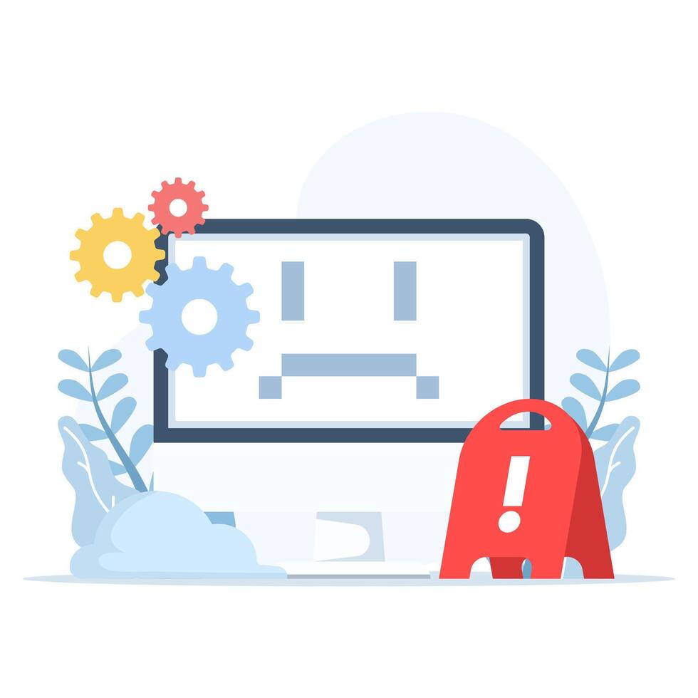 System glitches and technical errors. Computer crash caused by damaged hardware or faulty software. Monitor screen shows a sad face indicating system failure. Flat illustration. vector