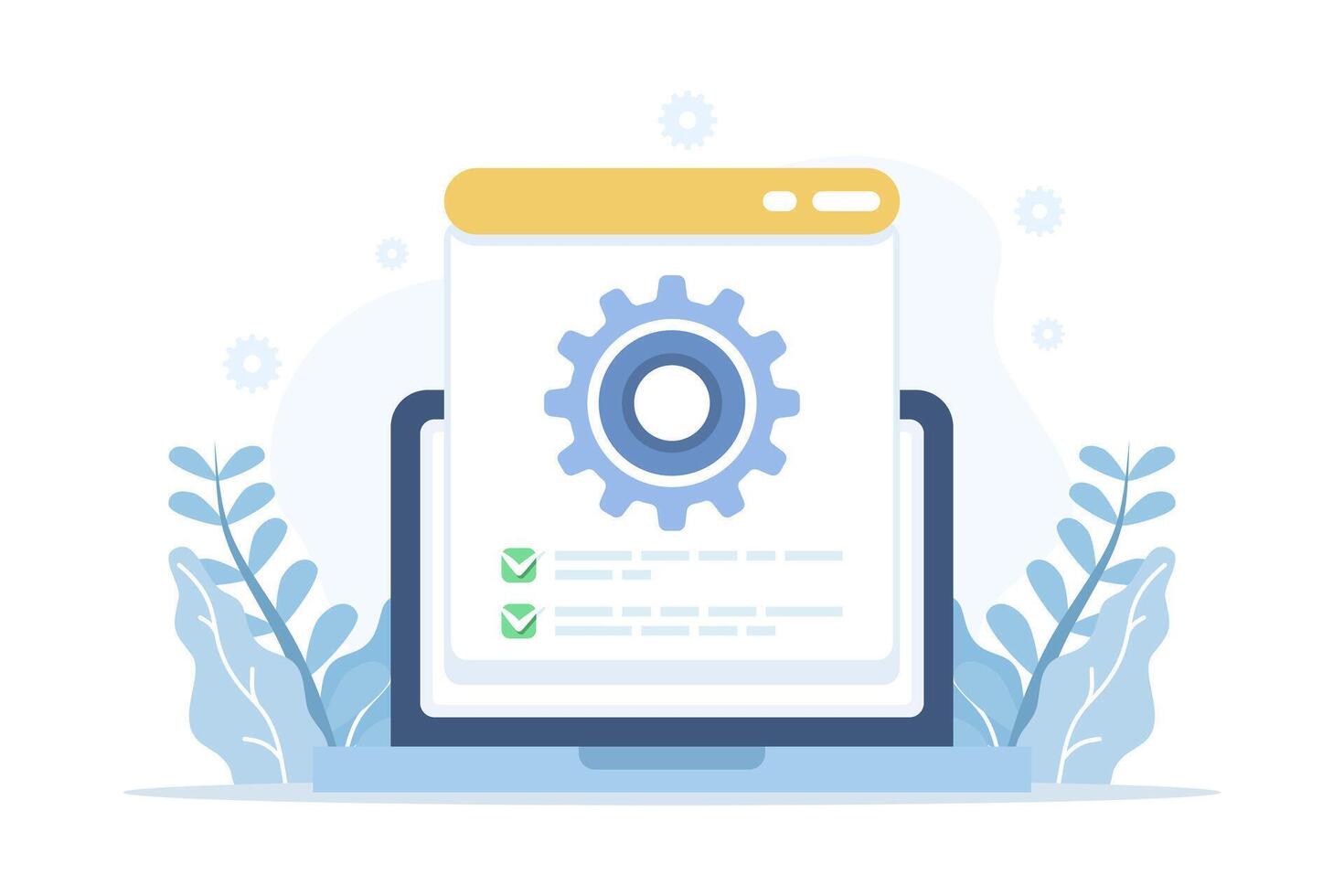 proyecto técnico especificación cheque visión de conjunto icono gráfico ilustración, dibujos animados plano Lista de Verificación manual, información archivo documento configuración, configuración automatización operando sistema vector