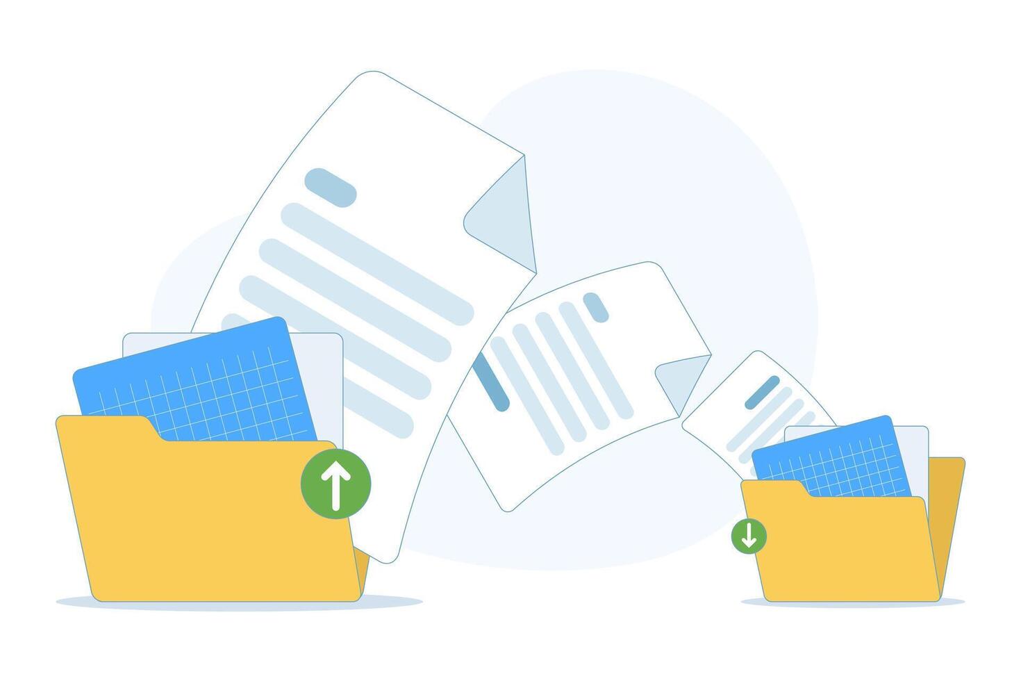 File transfer and data backup concept, showing document storage, cloud technology, upload and download processes in a clean flat illustration. vector