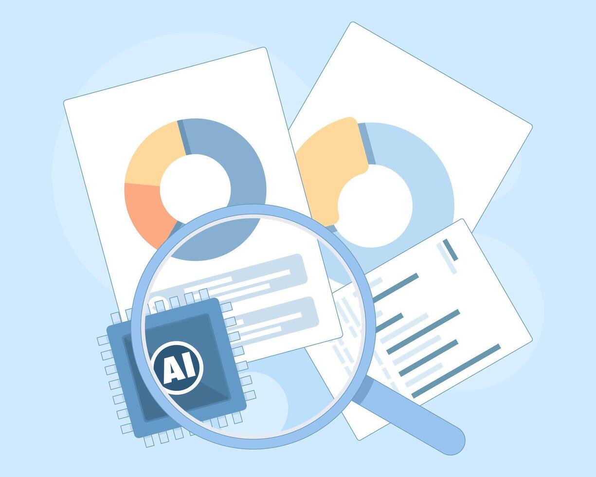 AI marketing strategy illustration showing digital business growth through intelligent analytics. Machine-learning automation, big data insights, and personalized marketing campaig vector