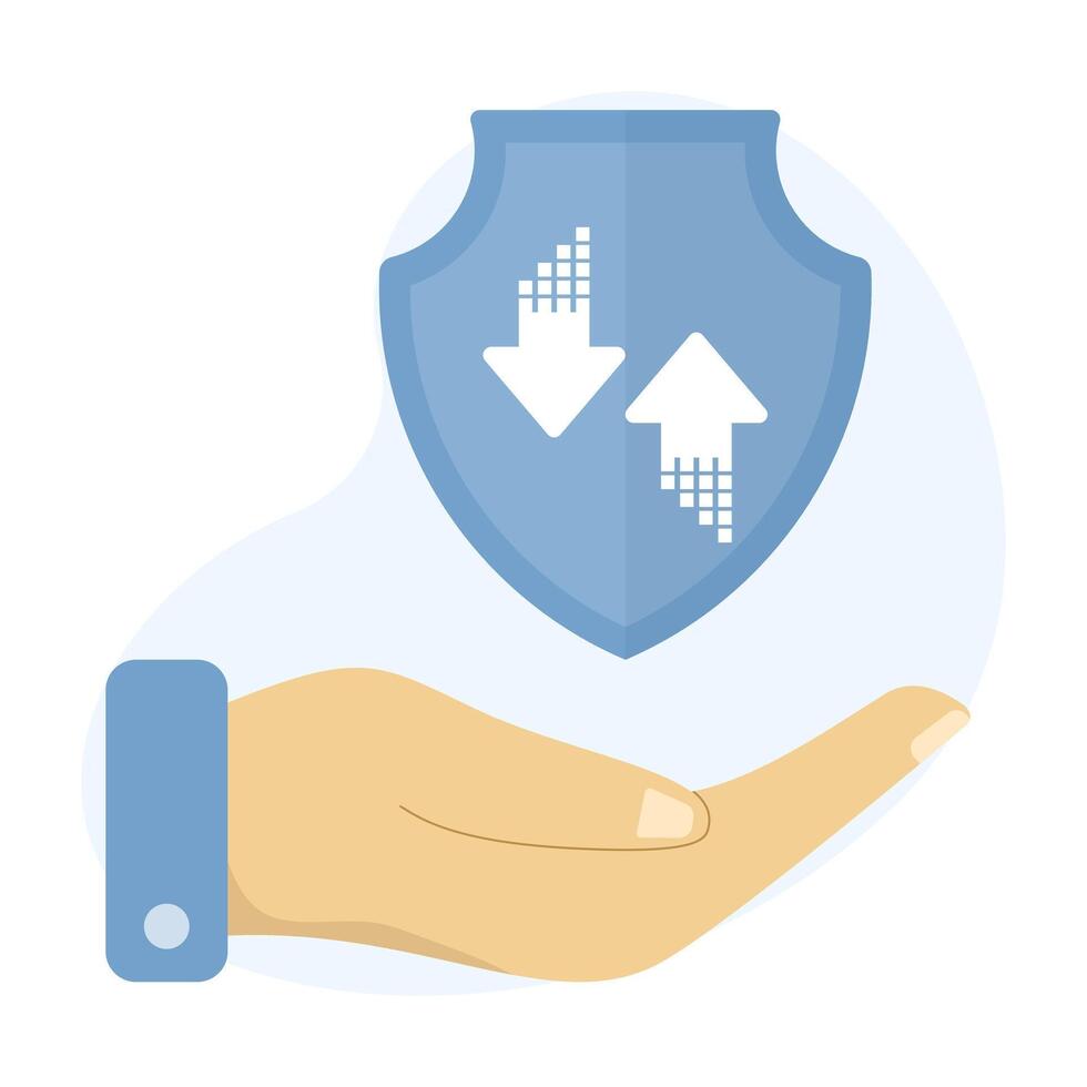 Flat illustration of data saver and bandwidth control. A shield icon represents secure data use, reduced consumption, and efficient bandwidth management for cost-effective digital protection. vector
