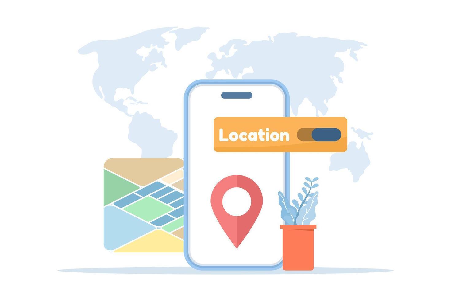 Location services and GPS tracking illustration, showing a user enabling or disabling geolocation within a smartphone app. flat illustration on background. vector
