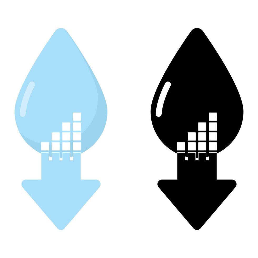 Low humidity icon with a water drop and downward arrow, symbolizing reduced humidity levels, declining quality, and lower bio-liquid presence. vector