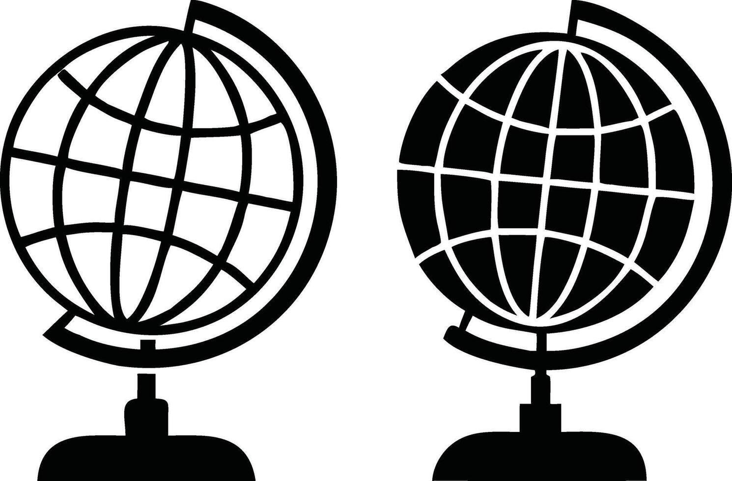 Two black and white globe icons are displayed side by side with vector