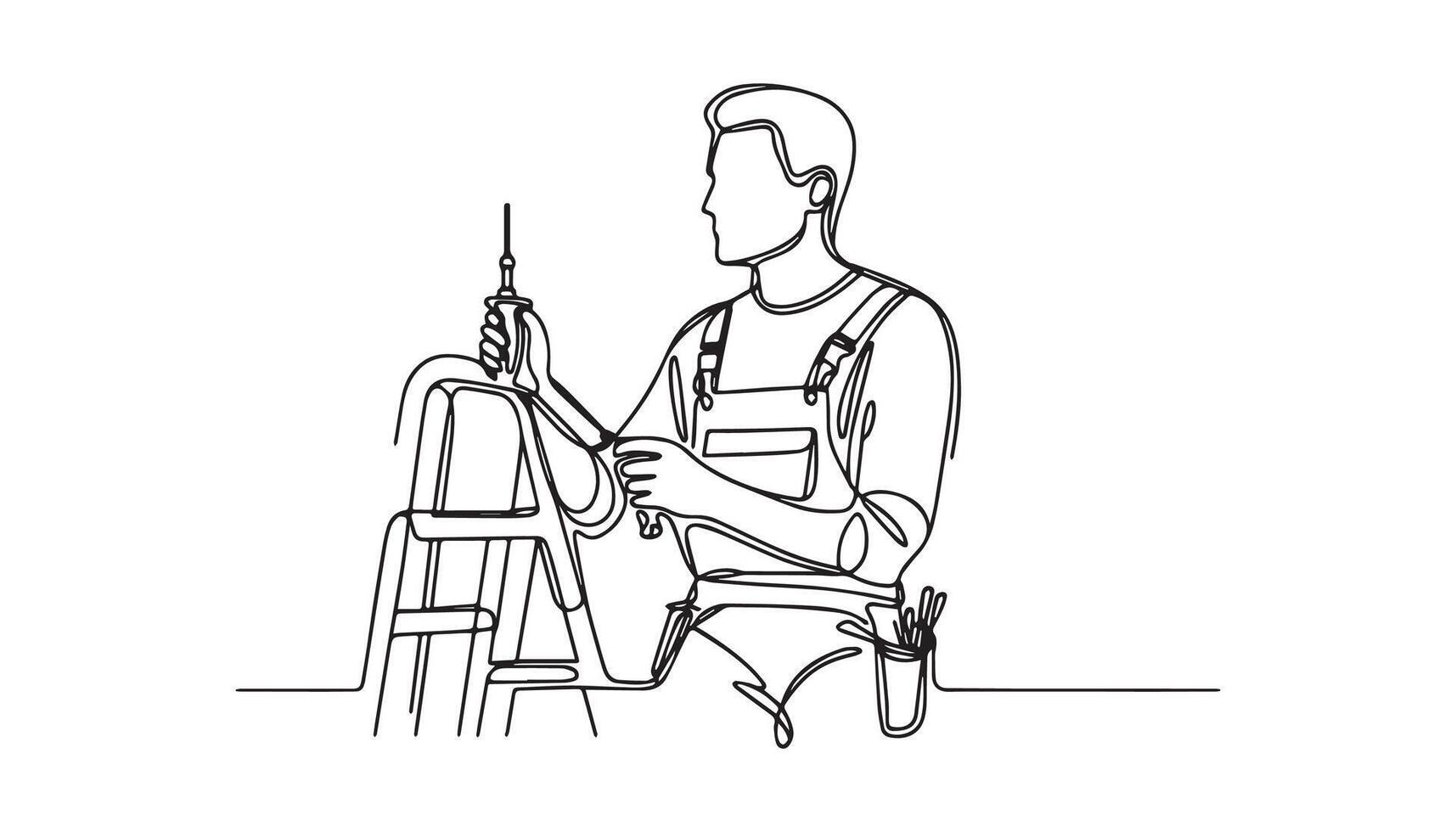 continuous line drawing of a man working on a ladder vector
