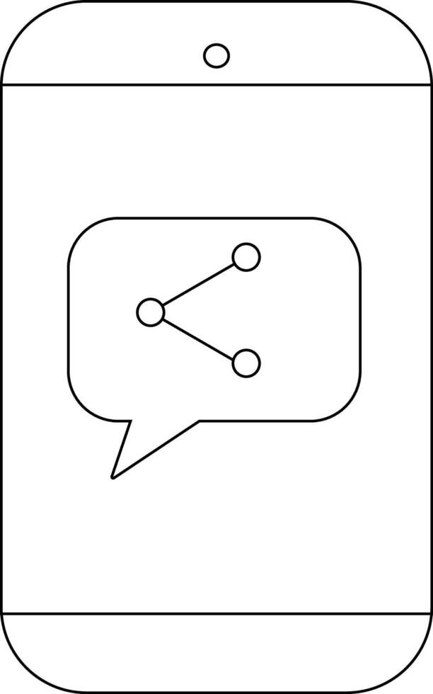 A minimalist line drawing shows a smartphone with a share icon within a speech bubble displayed on the screen vector