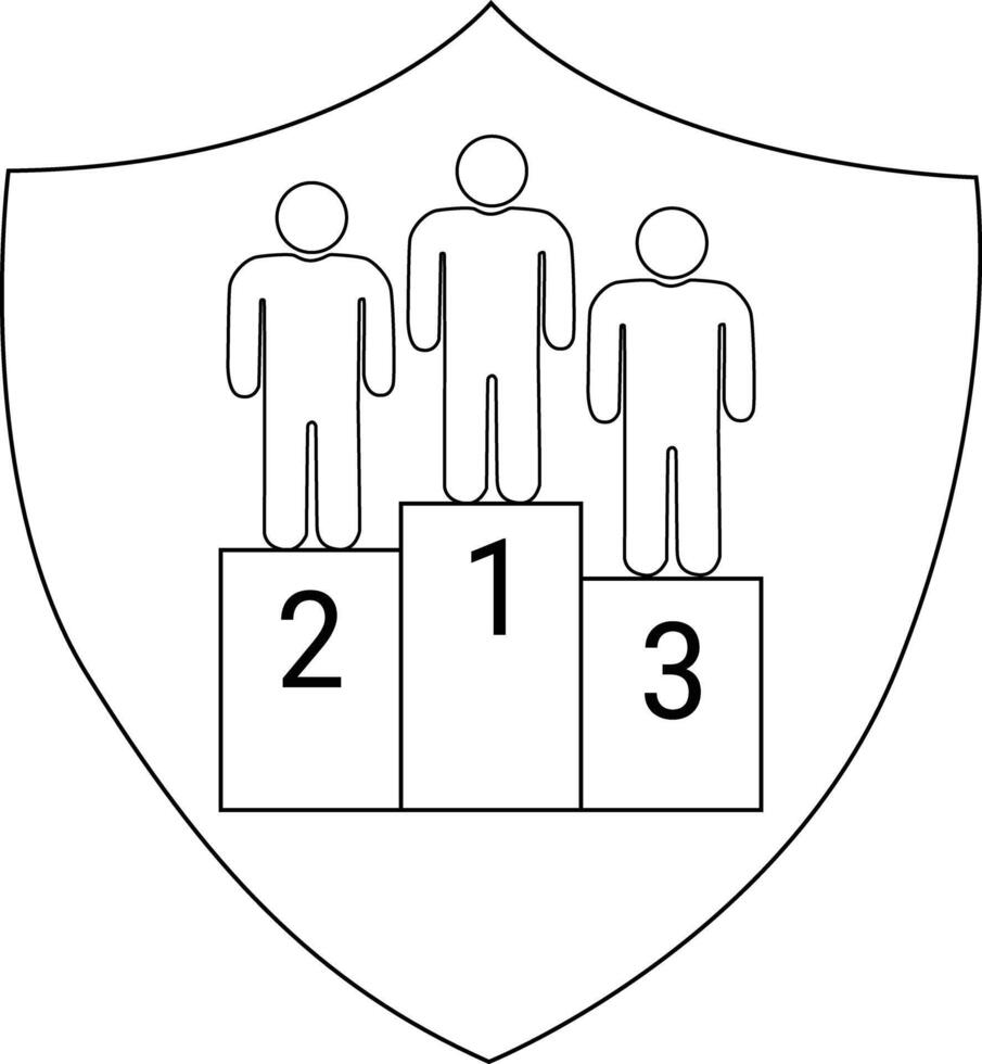Podium on a shield shows three figures on top of labelled boxes indicating rankings of 1st 2nd and 3rd place vector