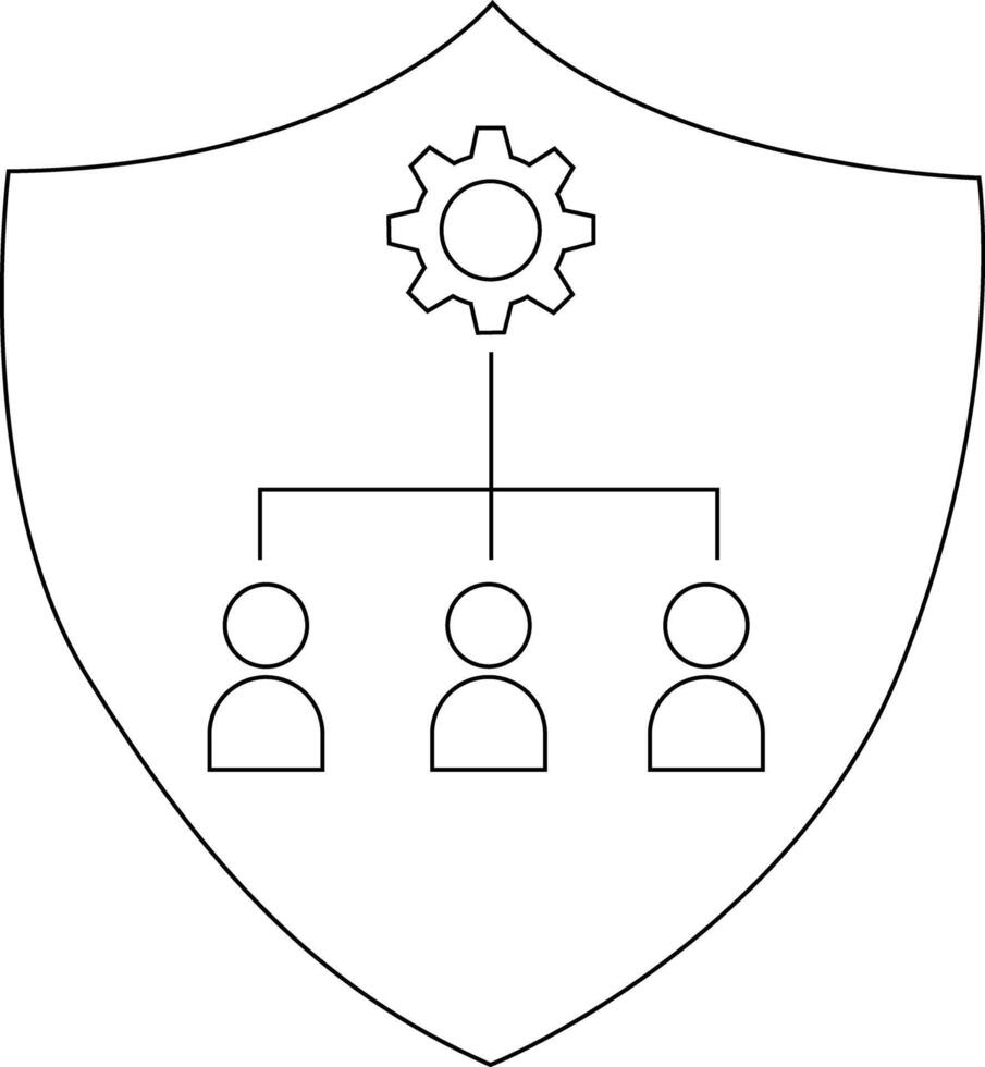 A shield contains a gear linked by lines to 3 stick figures suggesting structureorganization vector