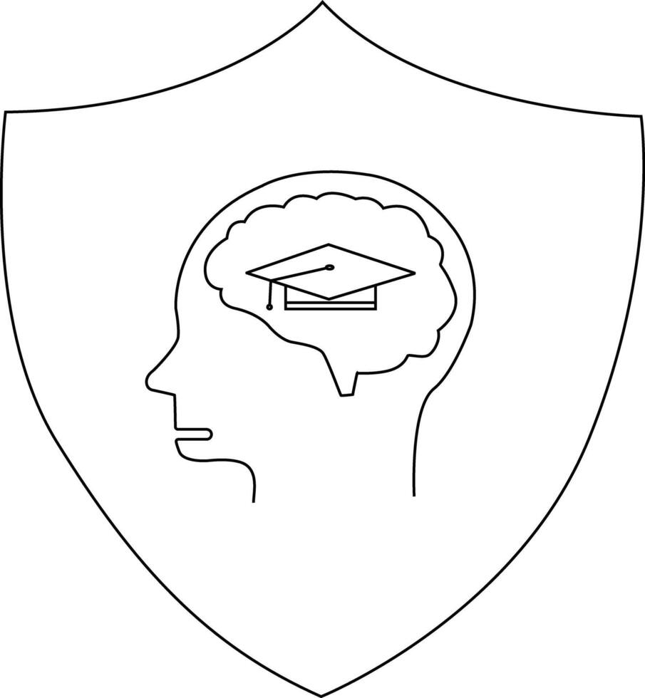 A shield with a head profile enclosing a brain and graduation cap vector