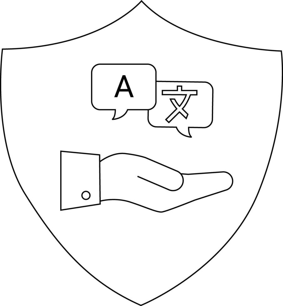 Translation service crest hand offering speech bubbles with A and foreign text inside a shield outline vector