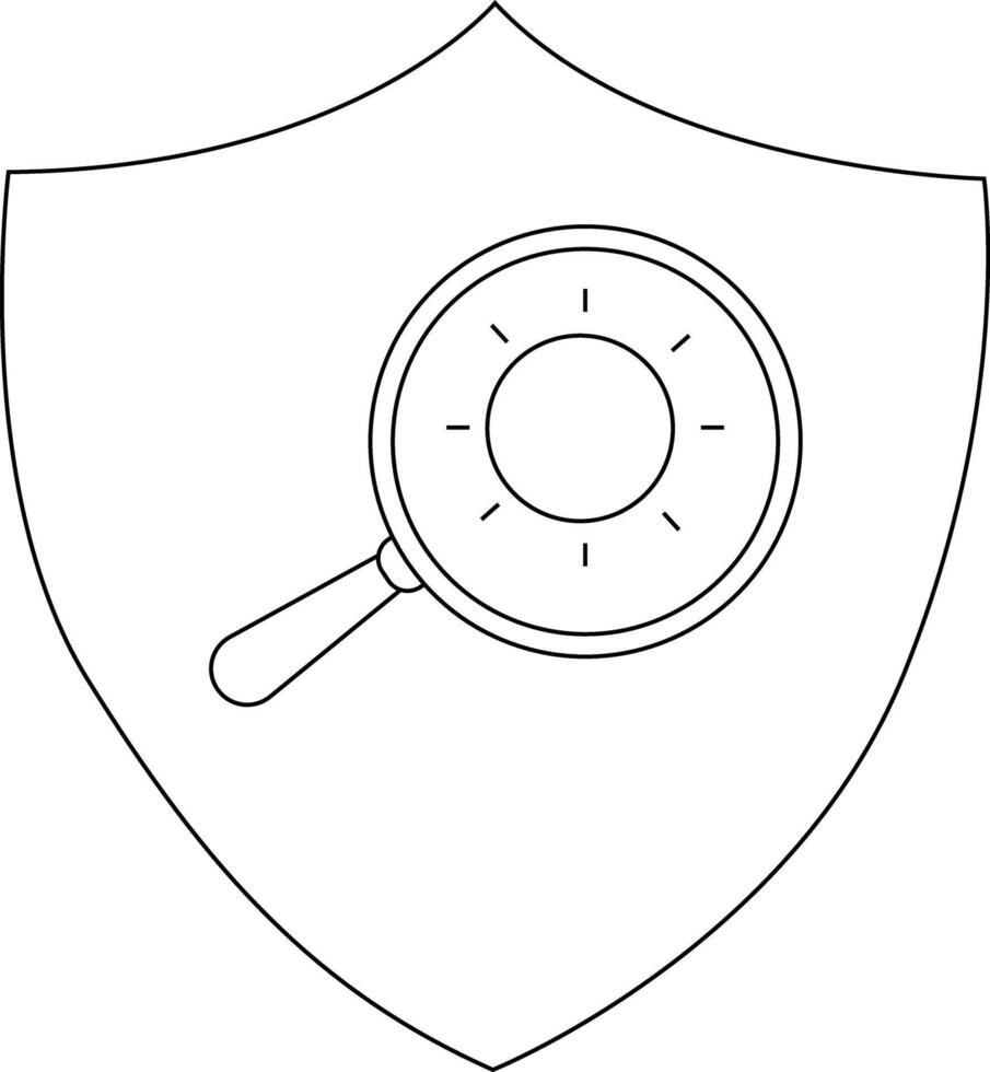 A shield contains a magnifying glass with radiating lines emanating from a circle centered vector