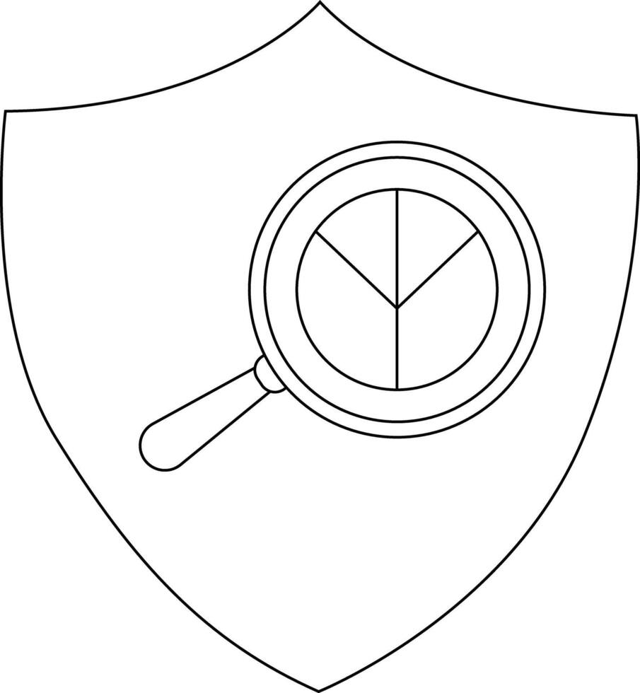 Shield containing a magnifying glass over a circle split into three parts with lines vector