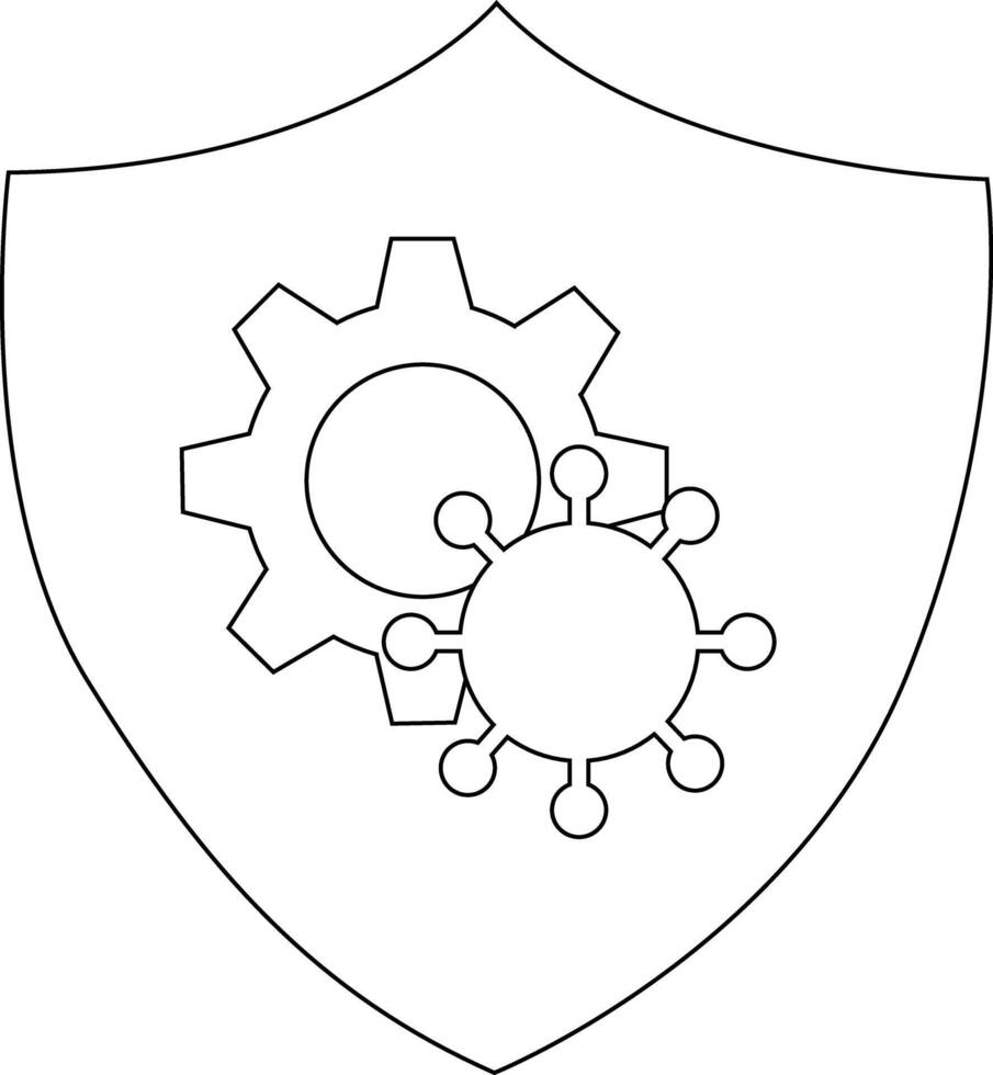 A shield containing a gear interlocked with a viruslike structure vector