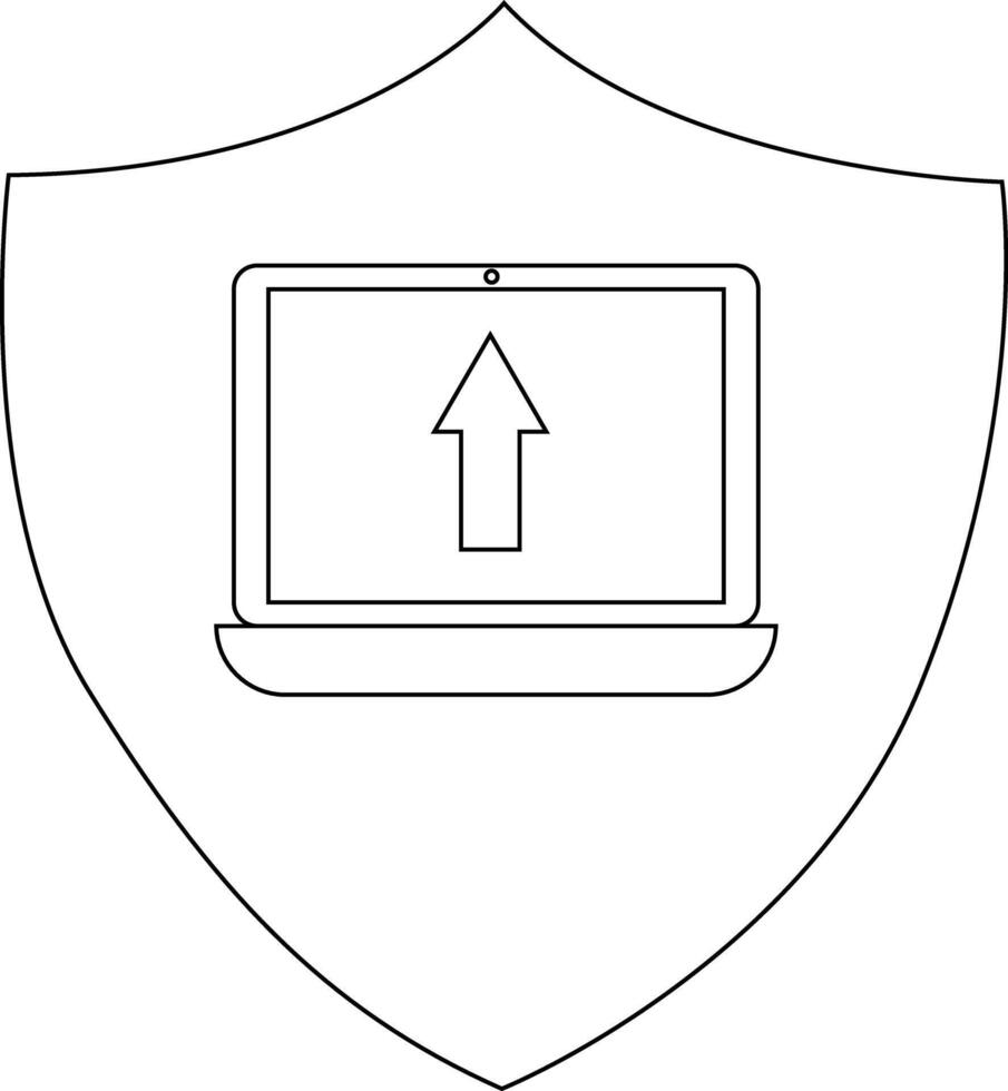 A line art drawing of a laptop with an upward arrow inside a shield shape vector