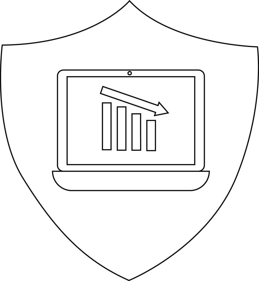 A shield with a laptop showing a decreasing bar graph and arrow pointing down vector