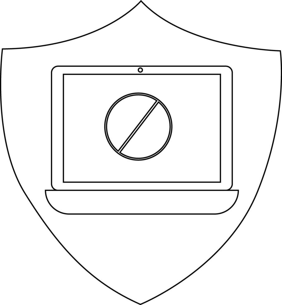 Laptop icon within shield featuring a crossedout circle on the screen Outline style vector