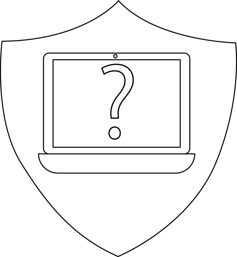 Outline of a laptop inside a shield displaying a question mark on its screen vector