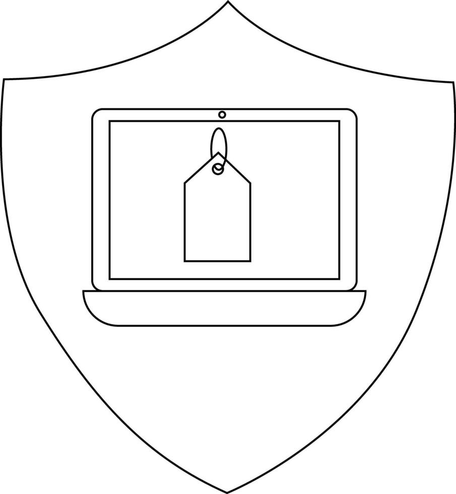 Shield with laptop displaying tag symbol minimal line art style vector