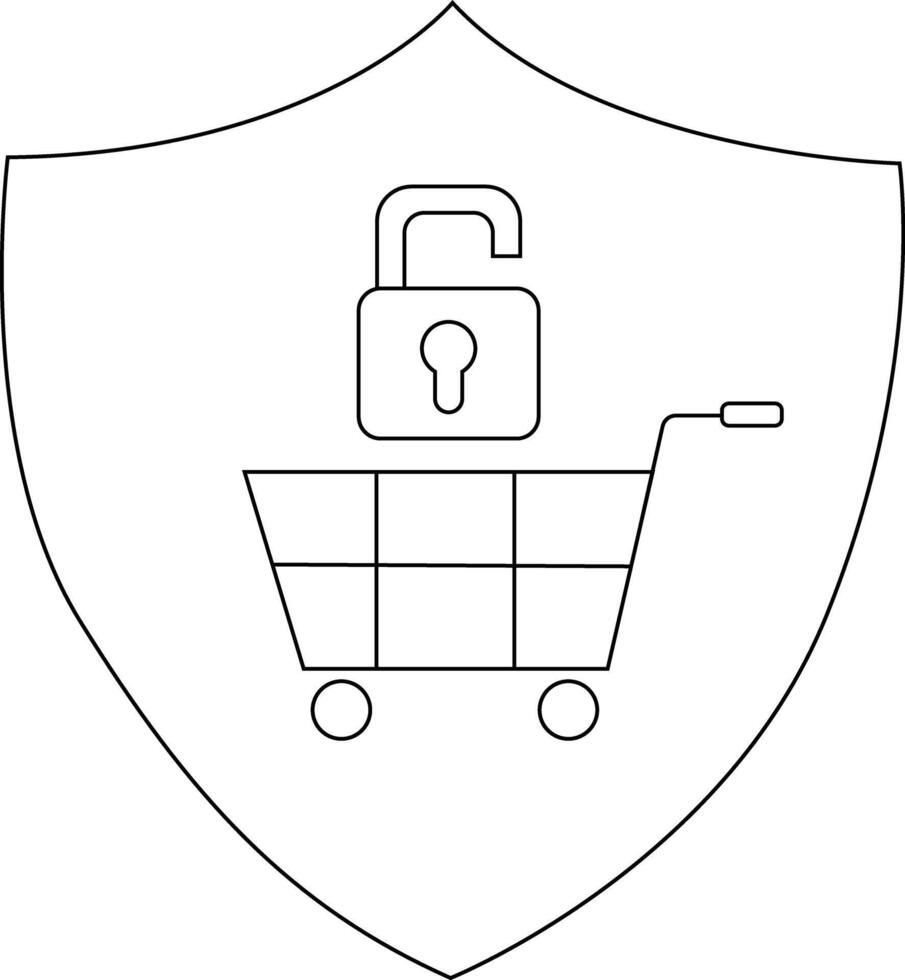 An opened padlock sits atop a shopping cart within a shield outline vector