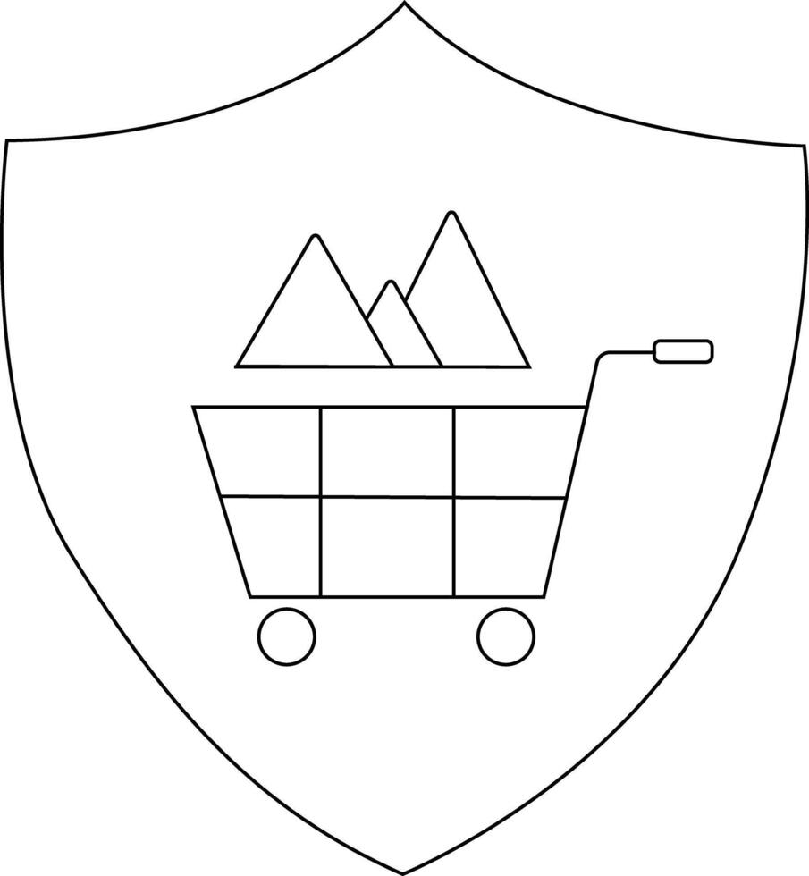 A shield outlines a shopping cart filled with pyramids rendered in a minimalist blackandwhite line art style vector