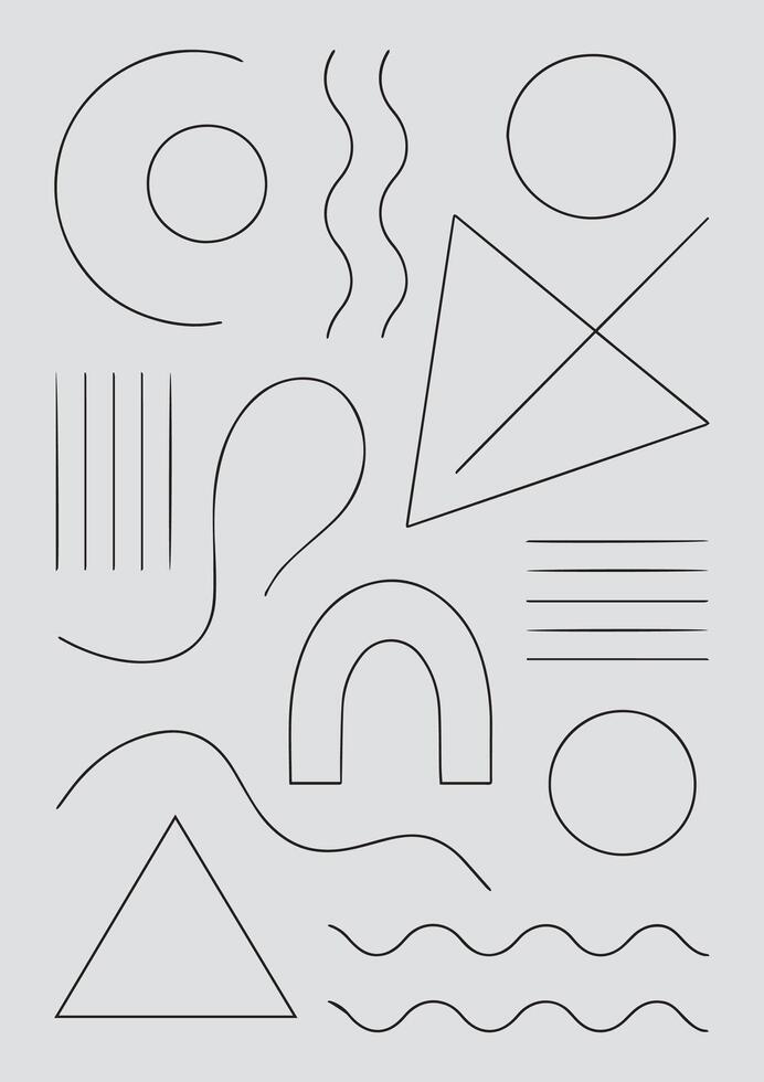 Abstract geometric shapes and lines collection featuring circles arches triangles waves and parallel lines on a light gray background vector