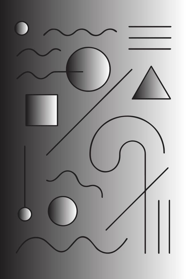 Abstract geometric composition featuring gradients and diverse shapes on a monochrome background vector