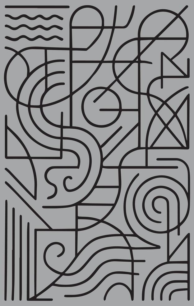 Abstract geometric composition featuring intersecting lines and swirling forms on a solid gray background vector