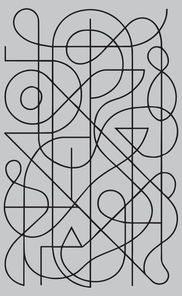 Intricate abstract black line art design featuring intersecting curves loops and geometric shapes on a gray background vector