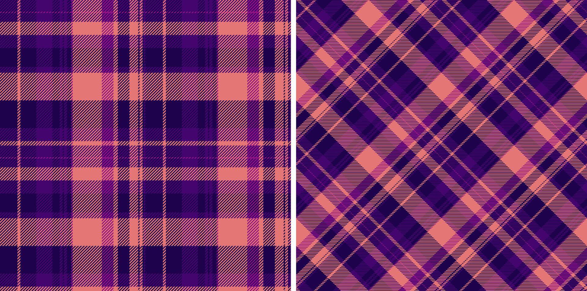 Elegant purple and peach plaid patterns. Perfect for backgrounds, textiles, or festive designs. A classic style with a modern color twist. Versatile. vector