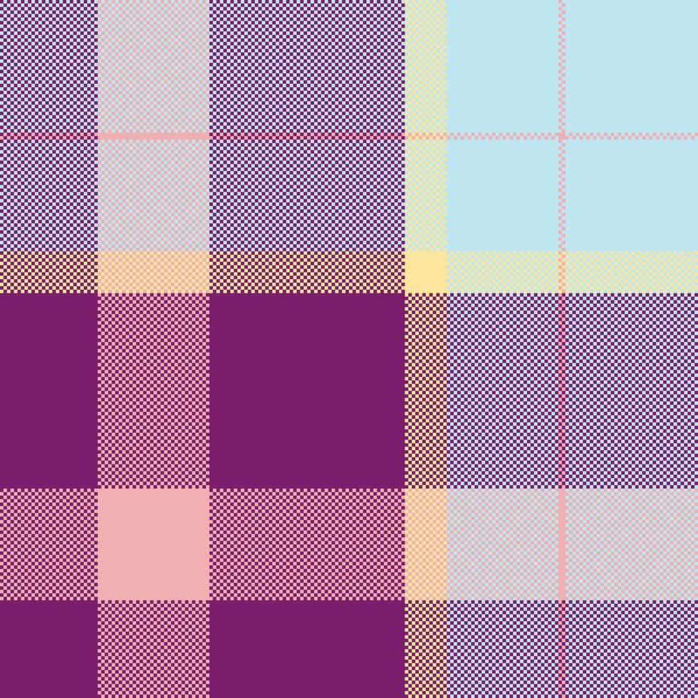 Trendy pixelated plaid pattern in shades of purple, pink, and blue. Modern, abstract design for backgrounds, textiles, or creative projects. Versatile and eyecatching. vector