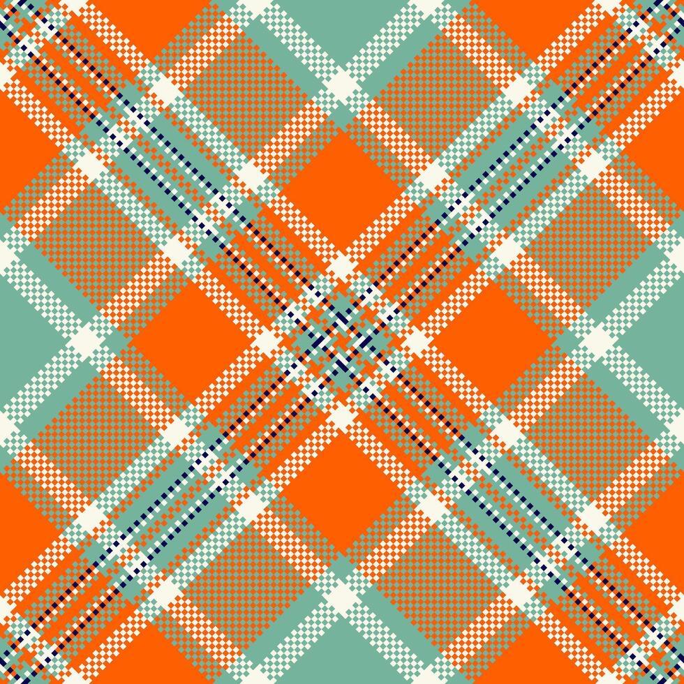 Vibrant tartan pattern, a seamless plaid design with bold orange and cool mint tones. Ideal for fabric, backgrounds, and graphic design projects, evoking a retro feel. vector