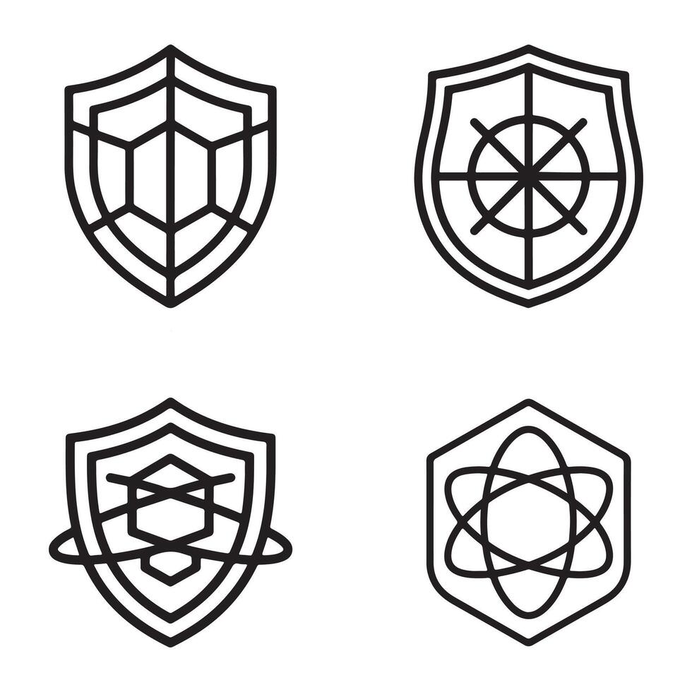 Quantum shield icon outline set featuring abstract geometric shapes and protective symbols silhouette vector