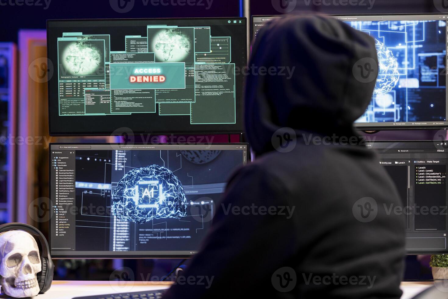 Cybercriminal seeing access denied warning on computer display when hacking firewalls. Rogue programmer failing to break into protected database, getting cyber attacks rejected photo