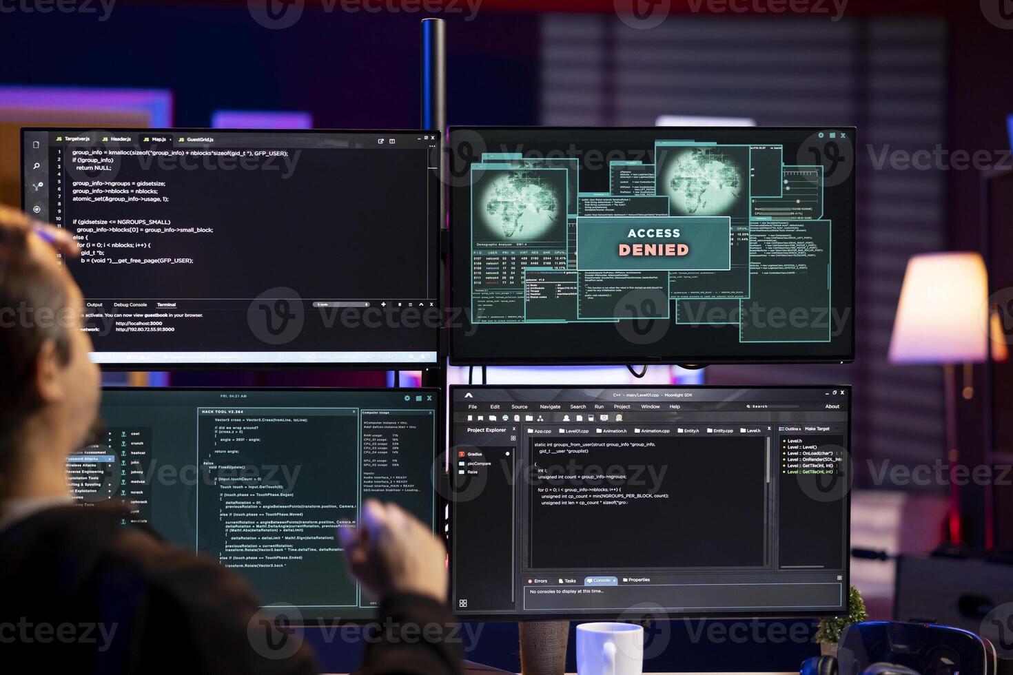 Cybercriminal getting access denied message when trying to infiltrate malware past security. Hacker failing to make script able to hide malicious code from detection systems, getting attack rejected photo