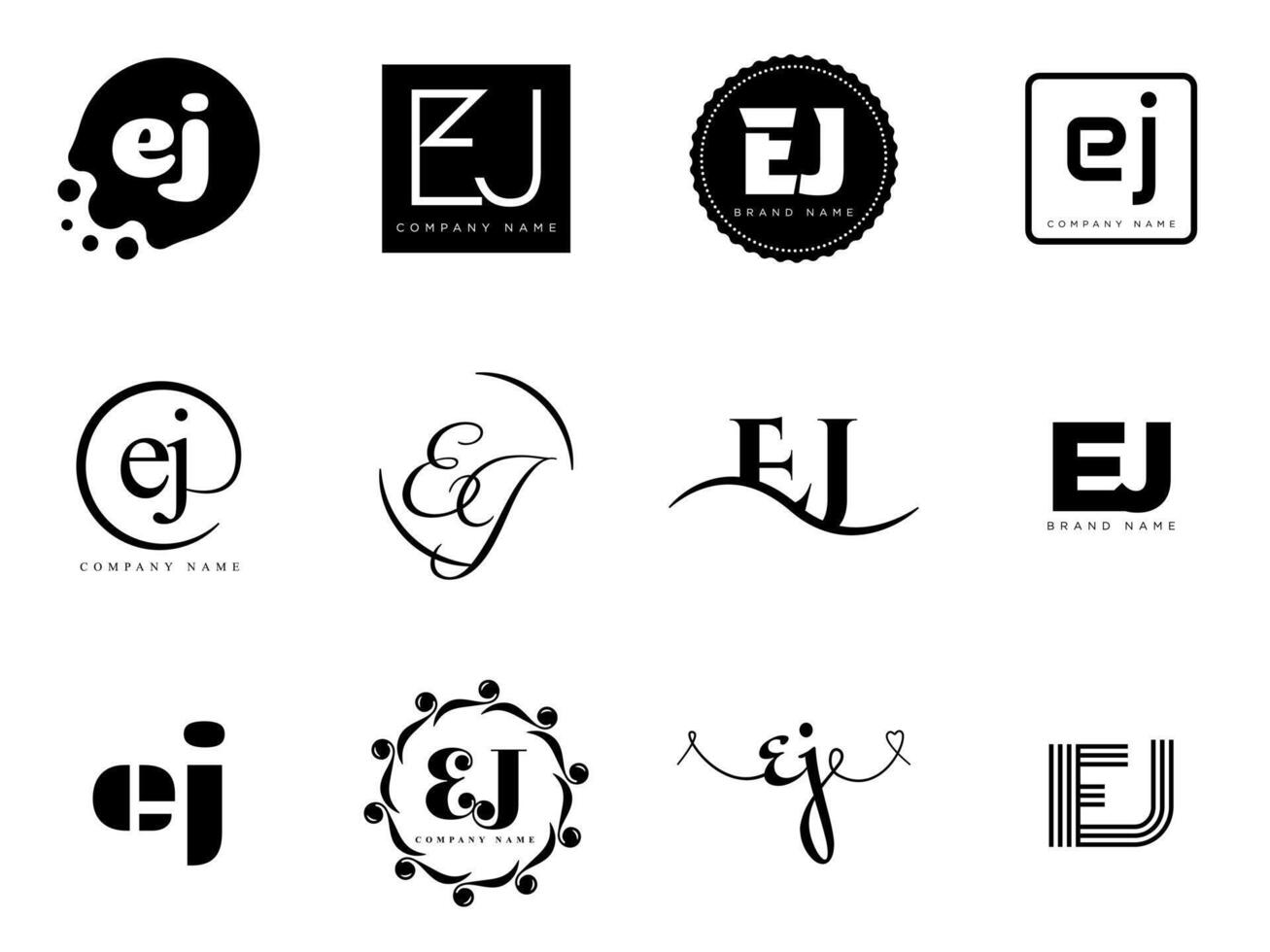 EJ logo template. Letter e and j logotype. Set different classic serif lettering and modern bold text with design elements. Initial font typography. vector