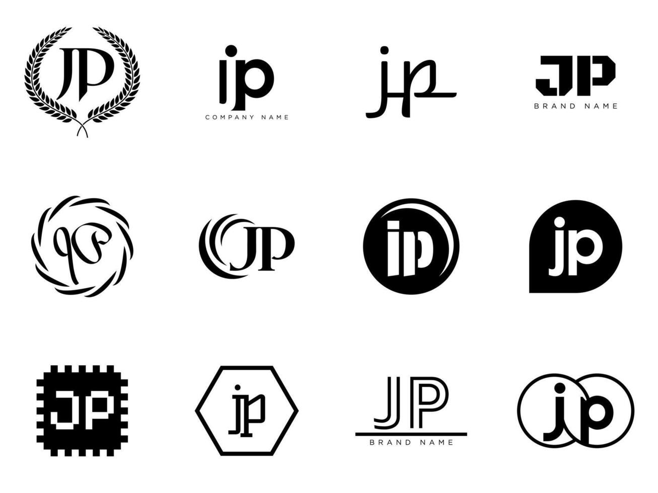 JP logo template. Letter j and p logotype. Set different classic serif lettering and modern bold text with design elements. Initial font typography. vector