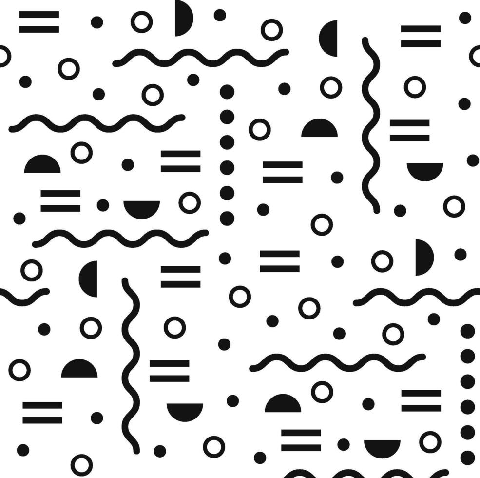 Geometric abstract seamless pattern featuring retro shapes in black and white vector