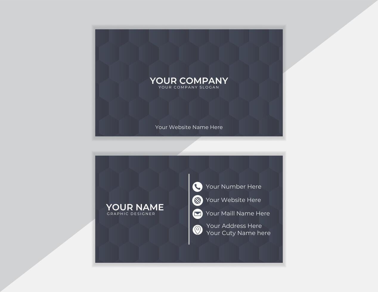 Modern professional dark grey business card template with elegant geometric hexagonal pattern design, perfect for corporate identity, networking, and branding solutions. vector