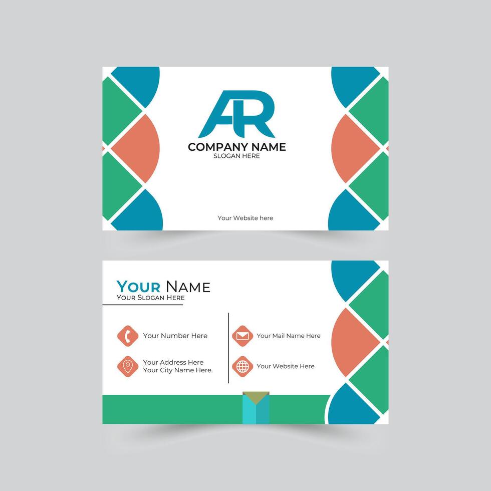 Modern business card design template with abstract geometric patterns and customizable elements for branding, featuring contact information, company logo, and a clean white background. vector