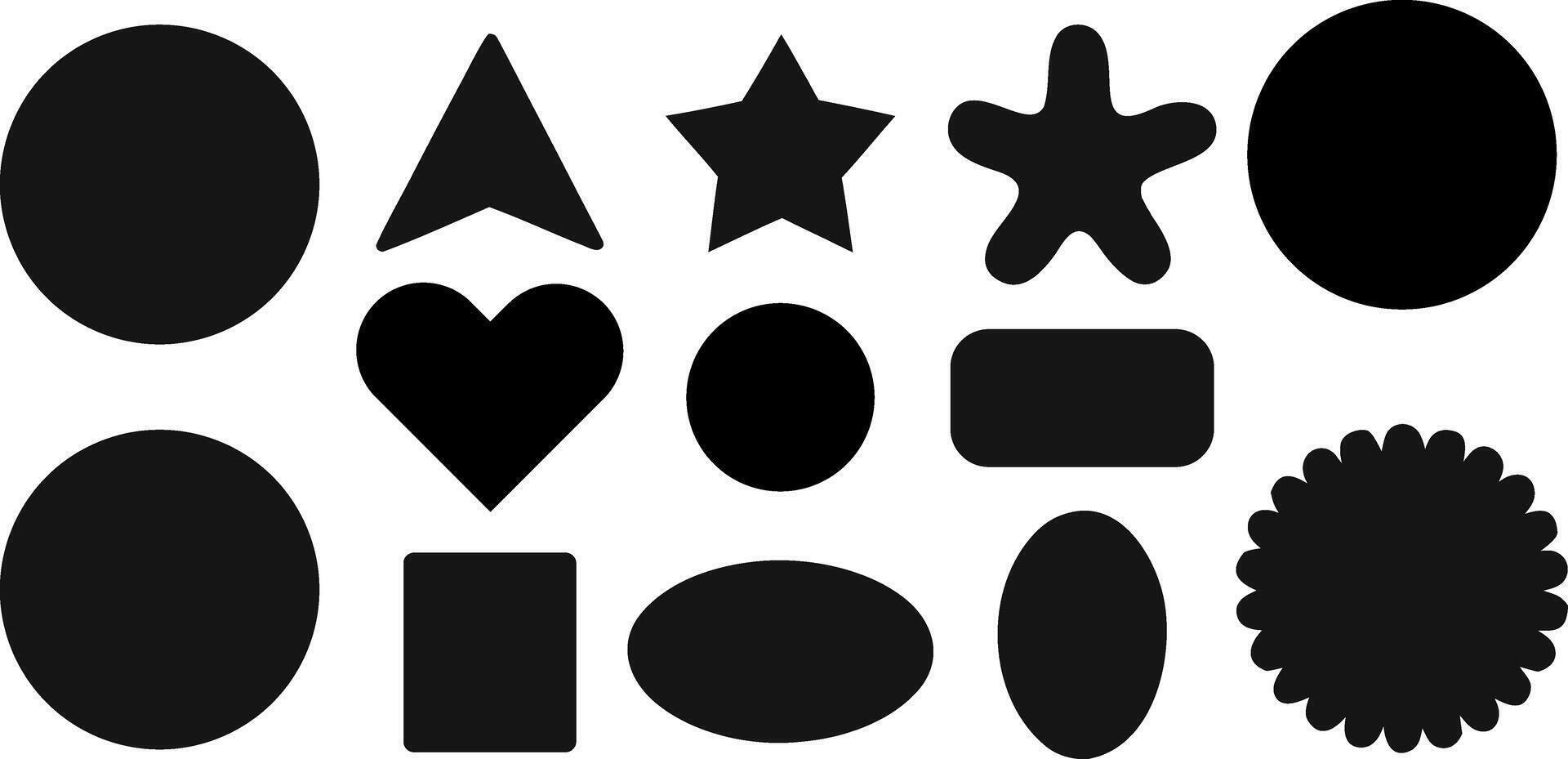 Collection of diverse black geometric and organic shapes, including circle, square, triangle, star, heart, and other abstract forms. vector