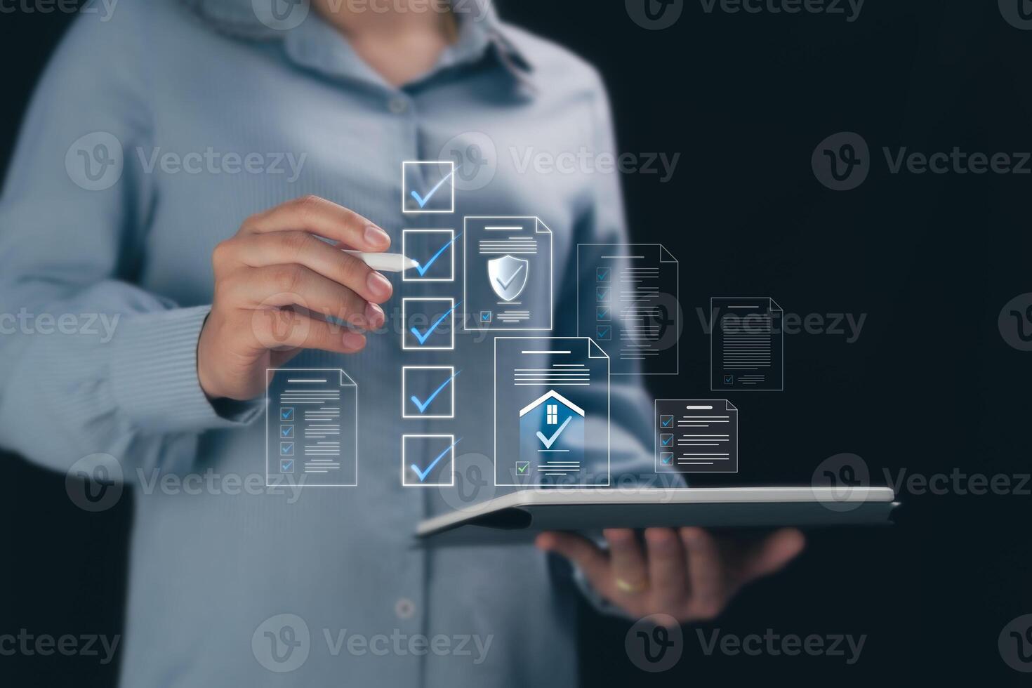 Business Account Auditing, Documentation Evaluation, Project Approval and Business Performance Review with Digital Forms. Businesswoman using laptop to fill in documents online and track performance. photo