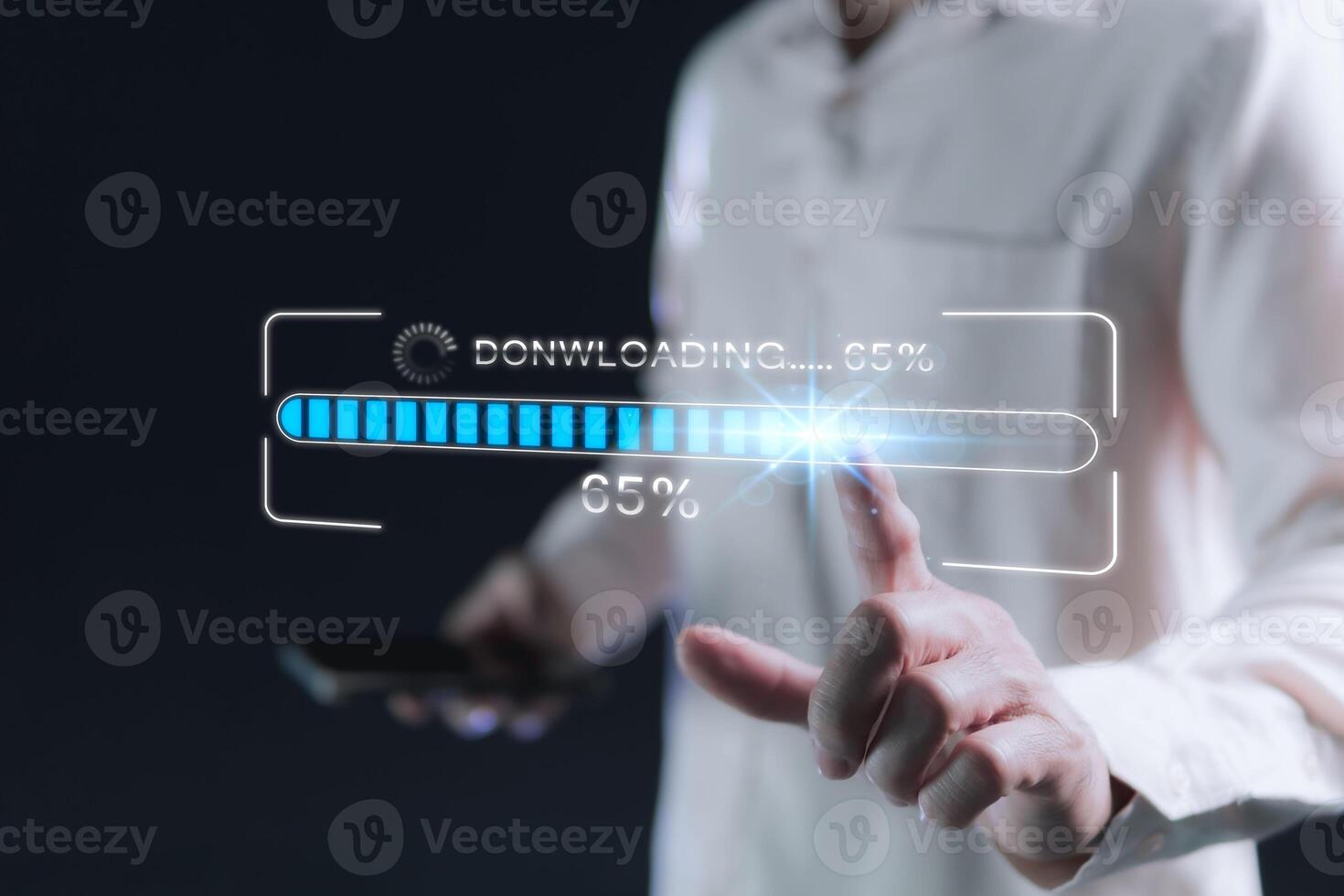 The businessman downloads data files, opens a connection to access modern technology systems, accesses software systems that update data by showing percentages, and waits. photo